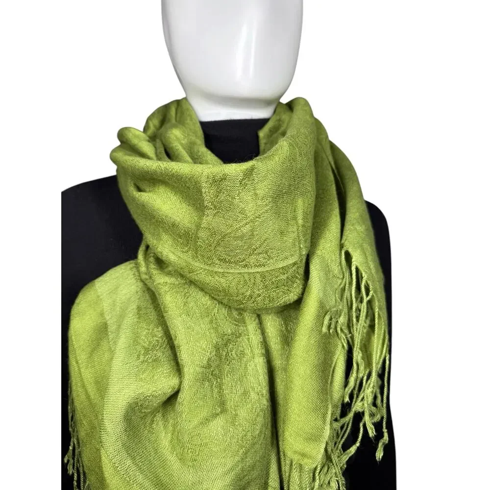 Cashmere Silk Pashmina Fringe Olive Green Paisley Scarf Wrap